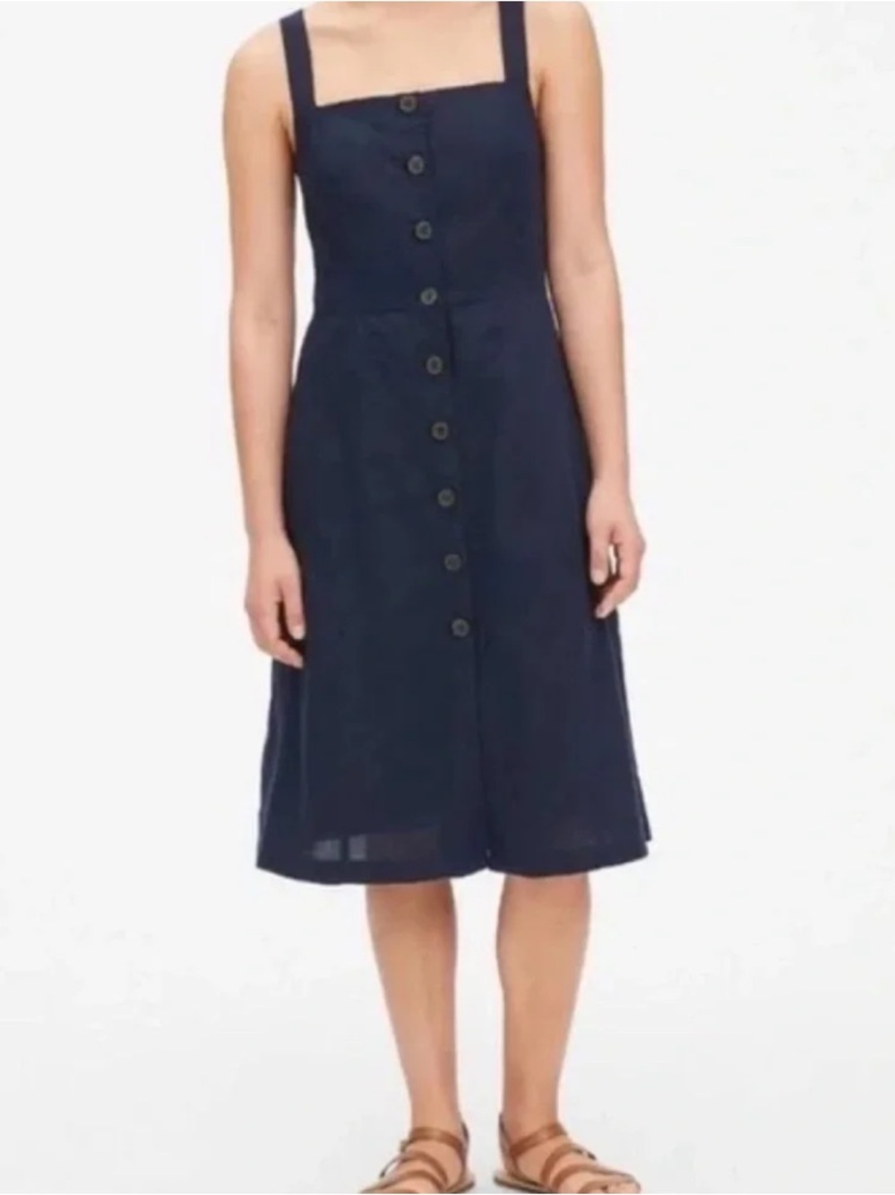 GAP Navy Linen Cotton Blend Button-Front Square-Neck Midi Dress Minimalist Fall